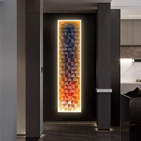 Vertical Strip Geometric Abstract Mural with LED Lights for Entryway - High-End Corridor Wall Art