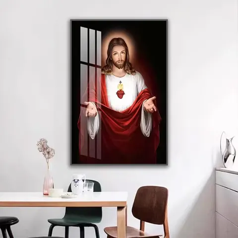 Vintage Sacred Heart Jesus God Catholic Wall Art Luxury Home Decor with Crystal Porcelain Painting Print on Paper Support Base