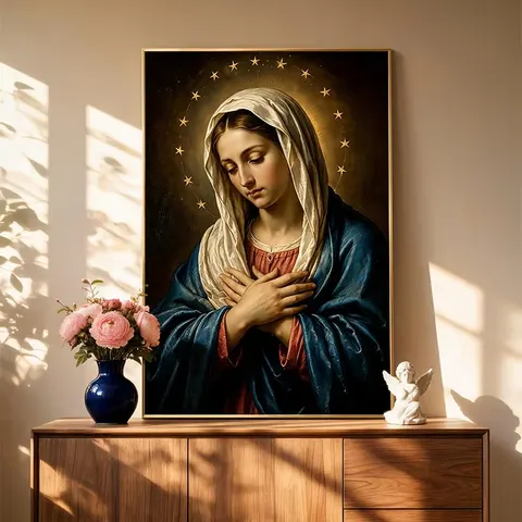 Vintage Star Halo Madonna Decor Painting, Virgin Mary Religious Diamond Wall Art, Catholic Home Painting
