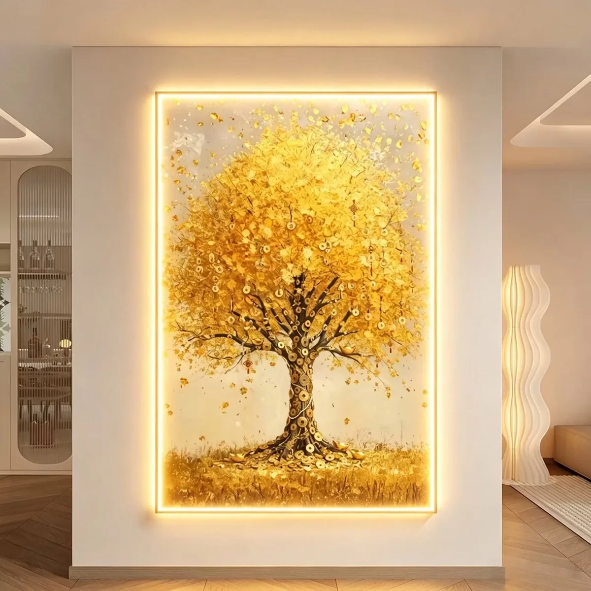 Wealth Tree LED Decorative Painting: Luxury Entryway Wall Art Minimalist, Modern Framed Art for High-End Home Decor