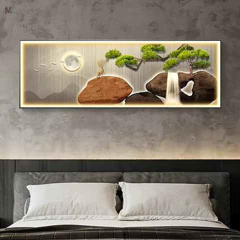 Welcome Song New Chinese Living Room Wall Decor Painting Office Sofa Background Wall Led Luminous Crystal Porcelain Painting