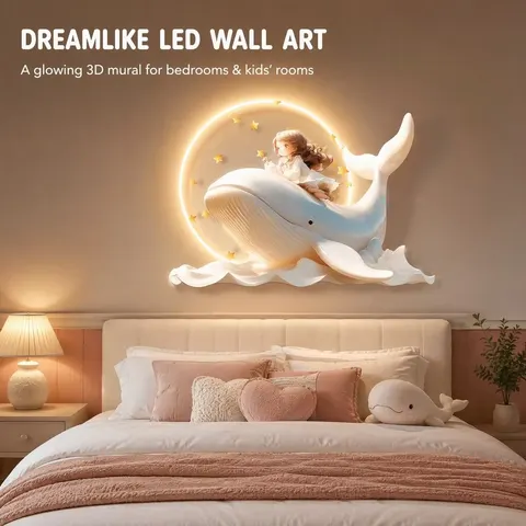 Whale Dream 3D LED Wall Art for Bedroom - 80x60cm Glowing Girl Riding Whale Crystal Mural Home Decor Wall Painting with Light