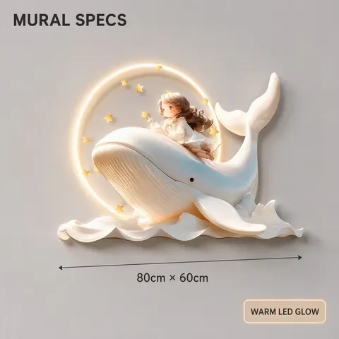 Whale Dream 3D LED Wall Art for Bedroom - 80x60cm Glowing Girl Riding Whale Crystal Mural Home Decor Wall Painting with Light