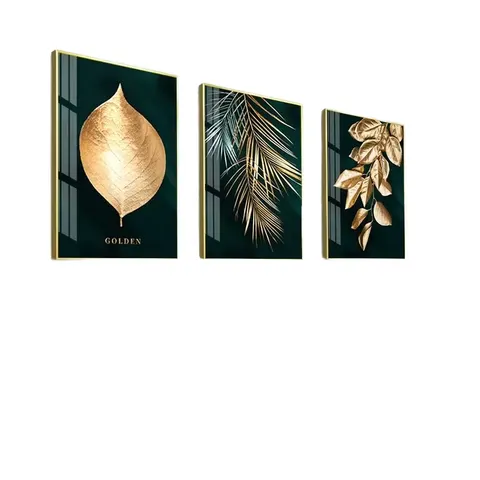 Wholesale Custom Modern Luxury Golden Leaf Art Decor Crystal Porcelain Abstract Wall Painting for Hotel Home Supports Paper Base