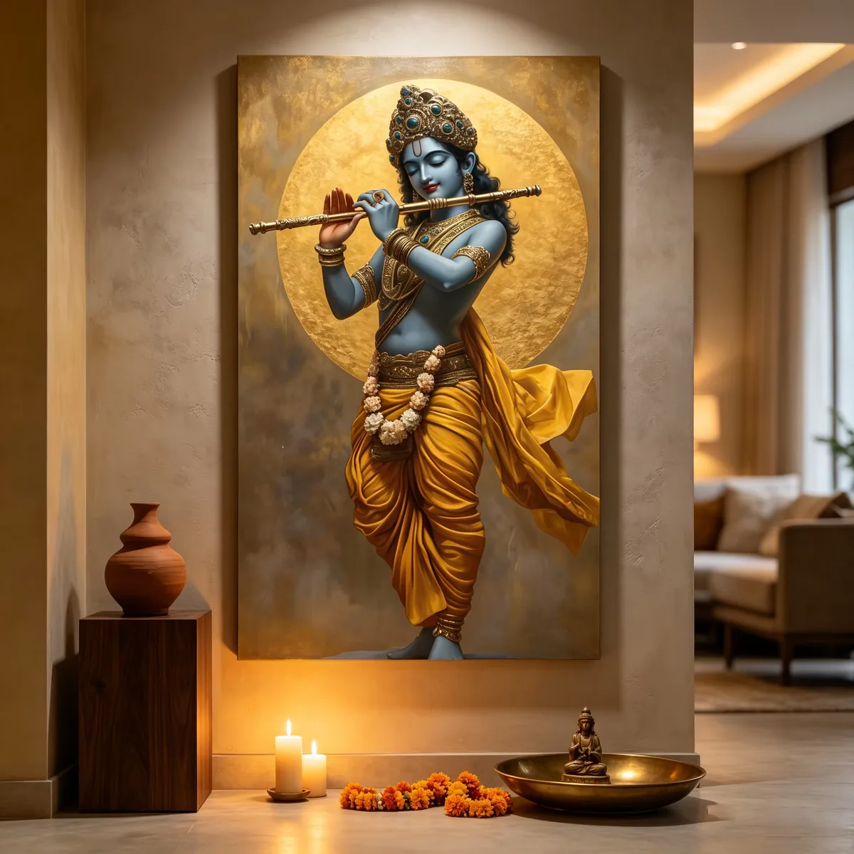 Wholesale LED Decorative Painting Lord Krishna Wall Art, Hindu Religious LED Lighted Canvas Painting for Home Temple Decoration
