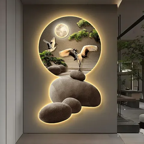 Wholesale Modern 3D Entryway Mural High-End LED Crystal Porcelain Decoration Painting Pine Design Welcoming Landscape for Living