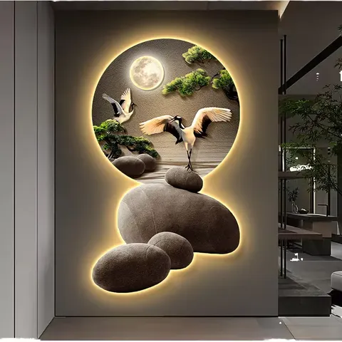 Wholesale Modern 3D Entryway Mural High-End LED Crystal Porcelain Decoration Painting Pine Design Welcoming Landscape for Living