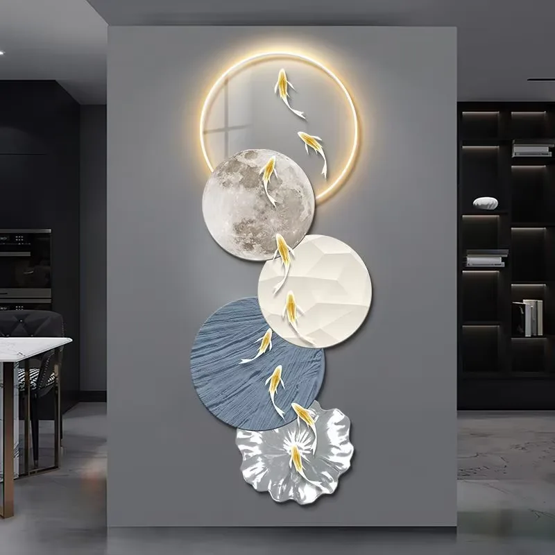 Wholesale Nine Fish Chart Wall Art LED Glow Uv Fine Carving Living Room Background Wall Art Home Decor Painting