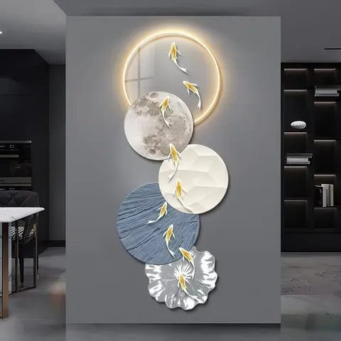 Wholesale Nine Fish Chart Wall Art LED Glow Uv Fine Carving Living Room Background Wall Art Home Decor Painting