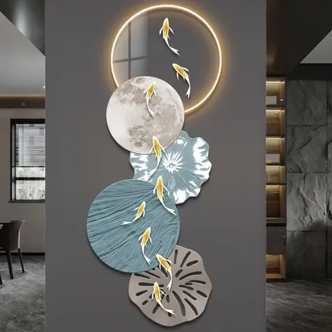 Wholesale Nine Fish Chart Wall Art LED Glow Uv Fine Carving Living Room Background Wall Art Home Decor Painting